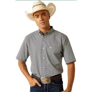 Ariat TRACE Fitted Navy White Short Sleeve Western Shirt Cowboy NWT $55 LARGE